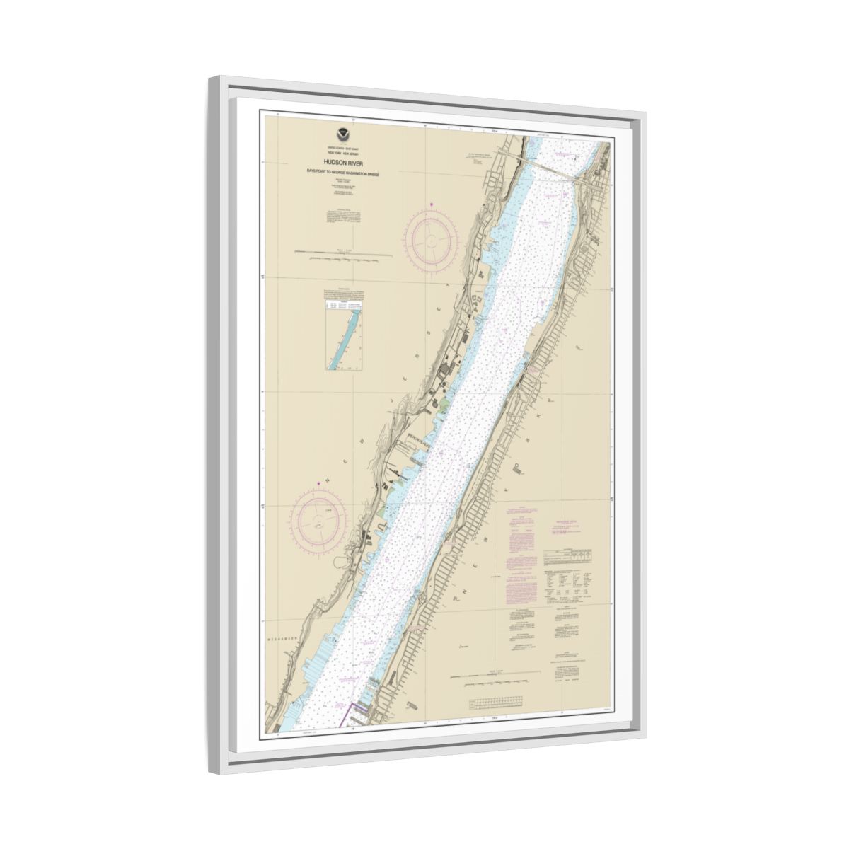 Chart 12341 Hudson River Days Point to George Washington Bridge - NOAA Nautical Chart Floating Frame Canvas | 24" x 32" | 30" x 40" - White side