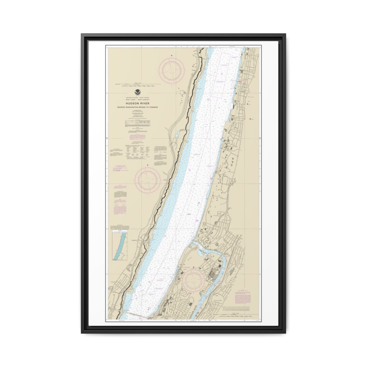 Chart 12345 Hudson River George Washington Bridge to Yonkers - NOAA Nautical Chart Floating Frame Canvas | 20" x 30" | 24" x 36" | 32" x 48" - Black front