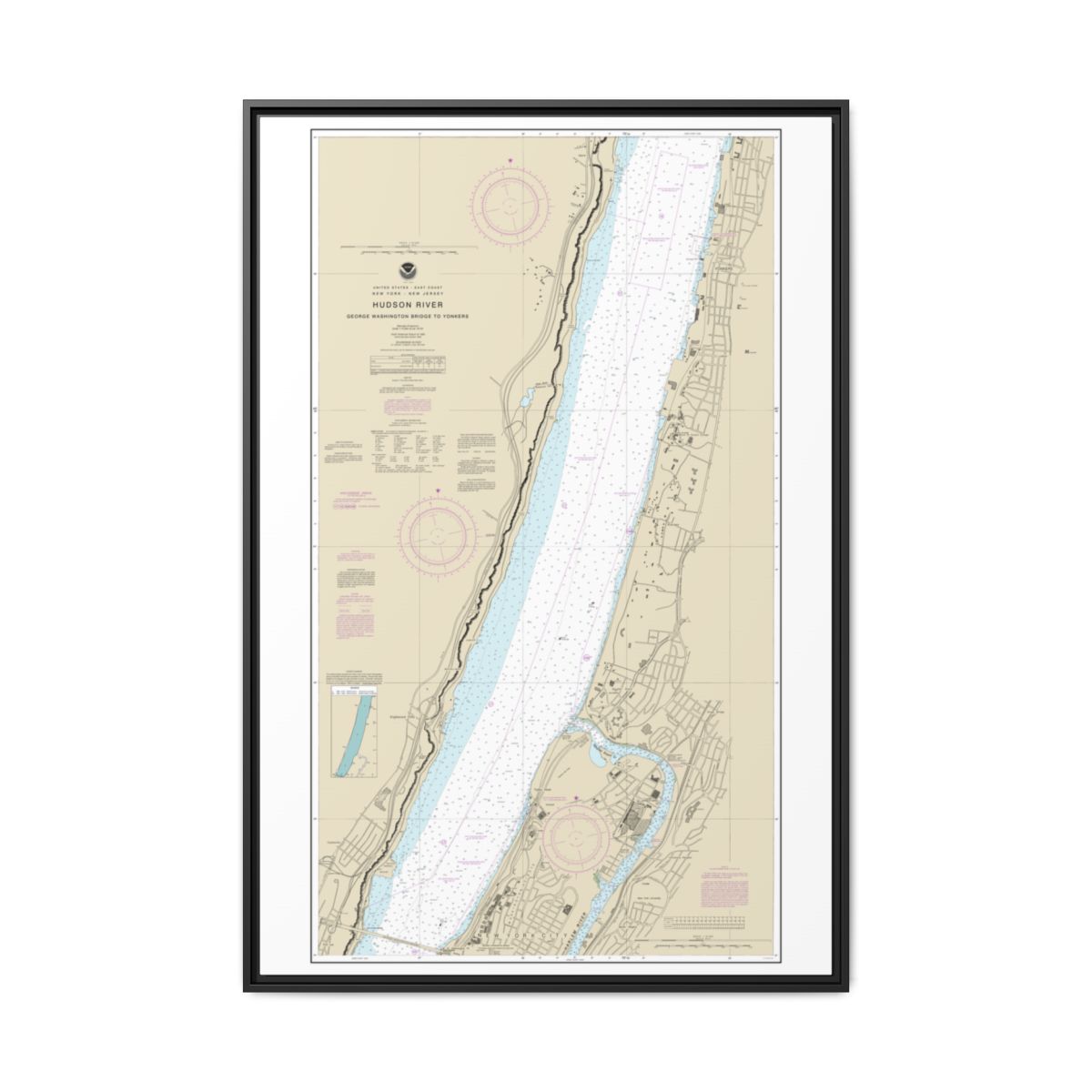 Chart 12345 Hudson River George Washington Bridge to Yonkers - NOAA Nautical Chart Floating Frame Canvas | 20" x 30" | 24" x 36" | 32" x 48" - Black front
