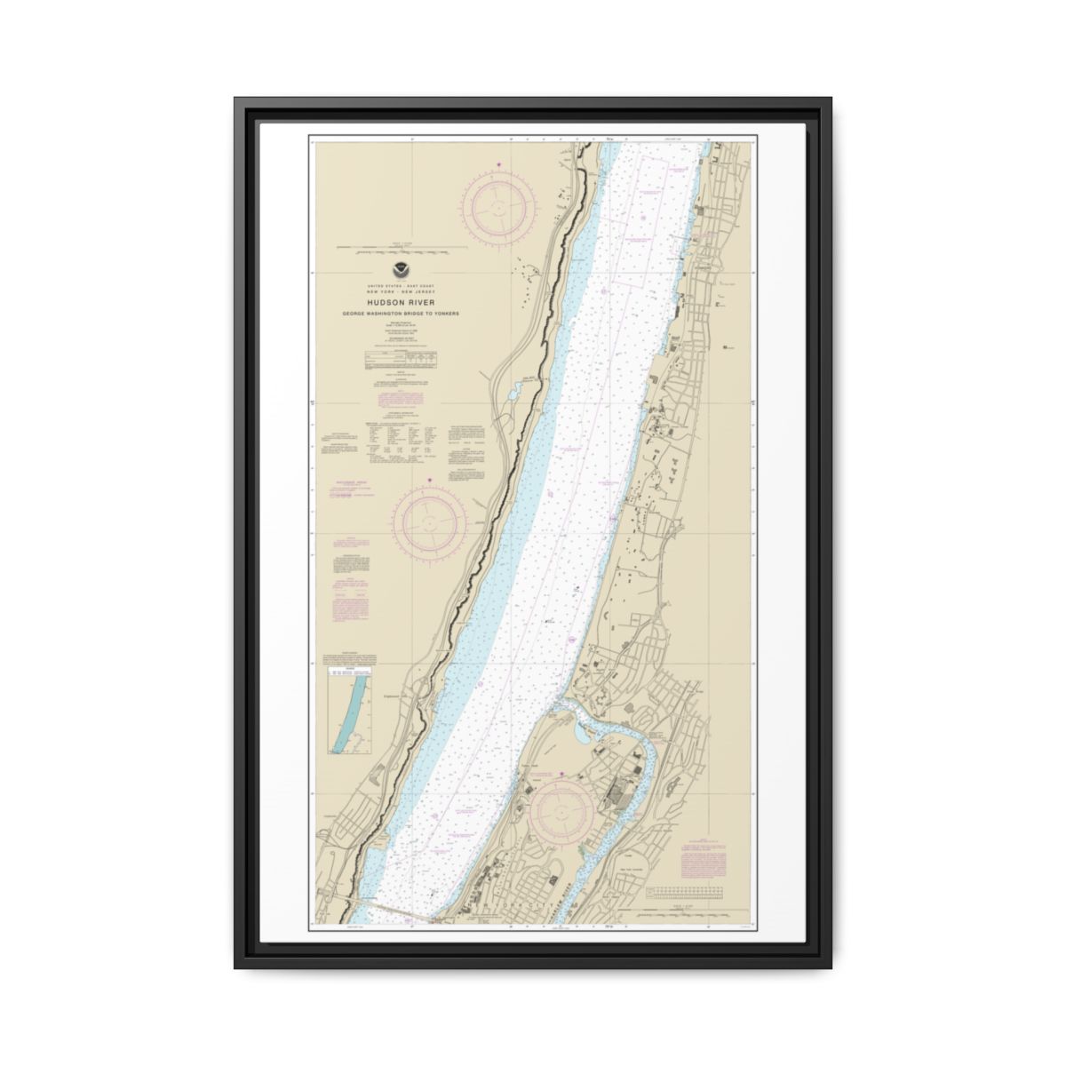 Chart 12345 Hudson River George Washington Bridge to Yonkers - NOAA Nautical Chart Floating Frame Canvas | 20" x 30" | 24" x 36" | 32" x 48" - Black front