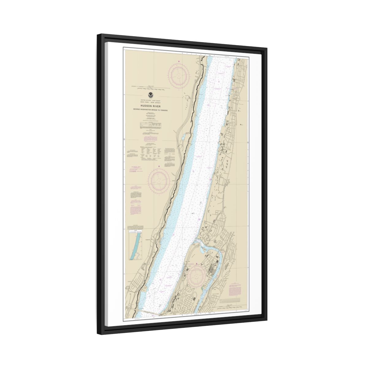 Chart 12345 Hudson River George Washington Bridge to Yonkers - NOAA Nautical Chart Floating Frame Canvas | 20" x 30" | 24" x 36" | 32" x 48" - Black side