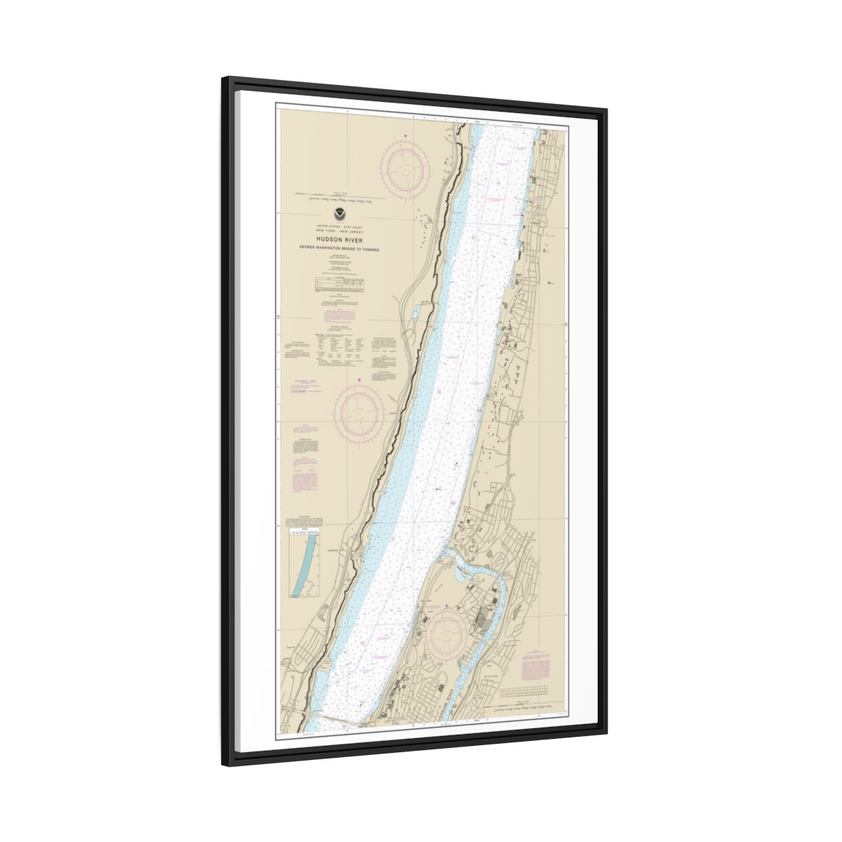 Chart 12345 Hudson River George Washington Bridge to Yonkers - NOAA Nautical Chart Floating Frame Canvas | 20" x 30" | 24" x 36" | 32" x 48" - Black side