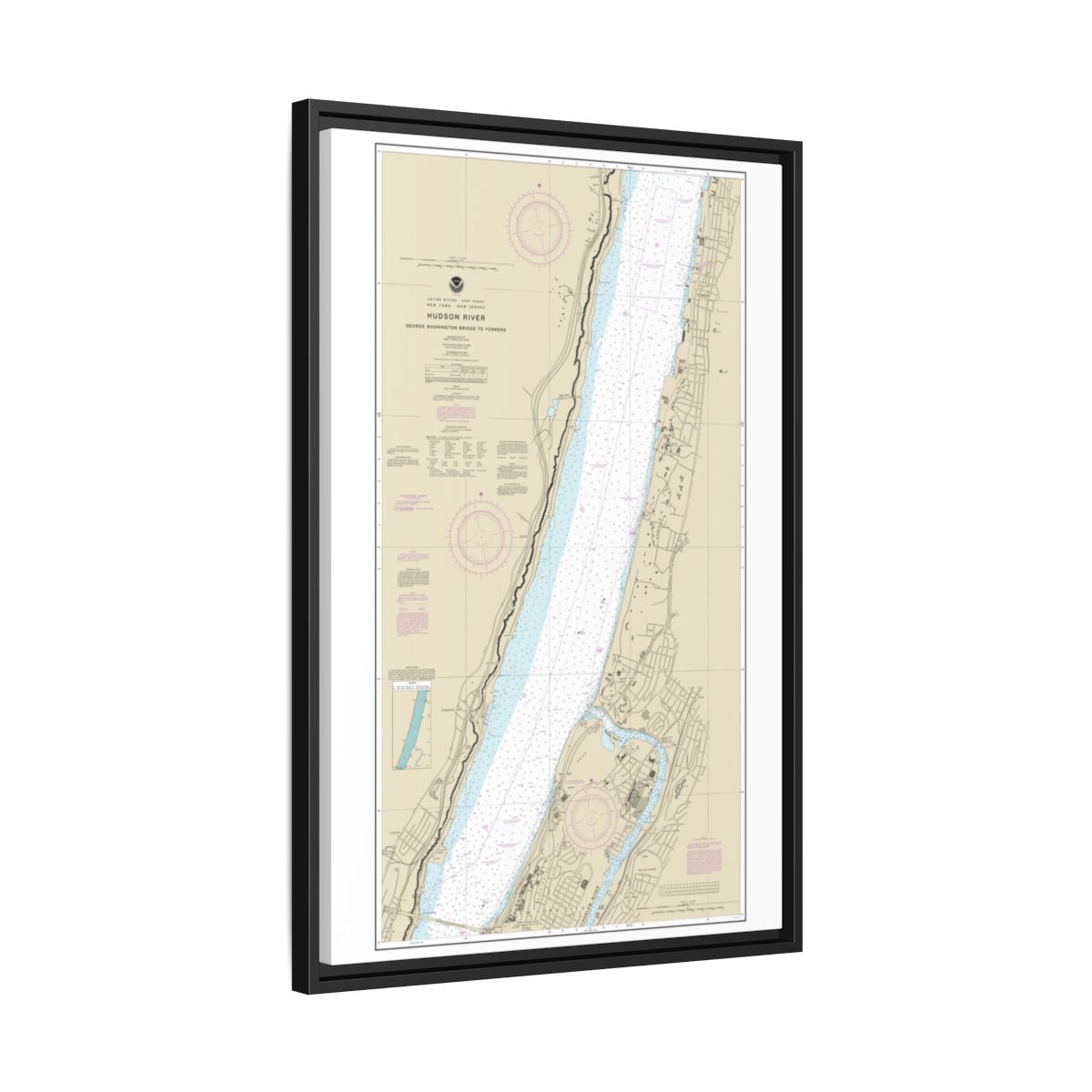Chart 12345 Hudson River George Washington Bridge to Yonkers - NOAA Nautical Chart Floating Frame Canvas | 20" x 30" | 24" x 36" | 32" x 48" - Black side