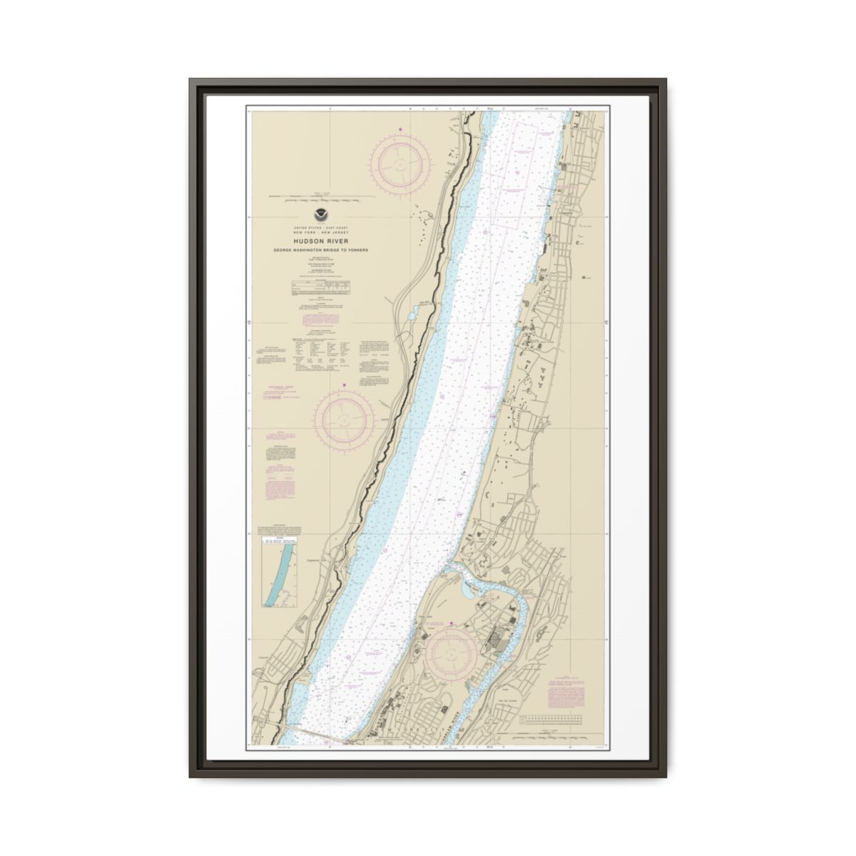 Chart 12345 Hudson River George Washington Bridge to Yonkers - NOAA Nautical Chart Floating Frame Canvas | 20" x 30" | 24" x 36" | 32" x 48" - Espresso front