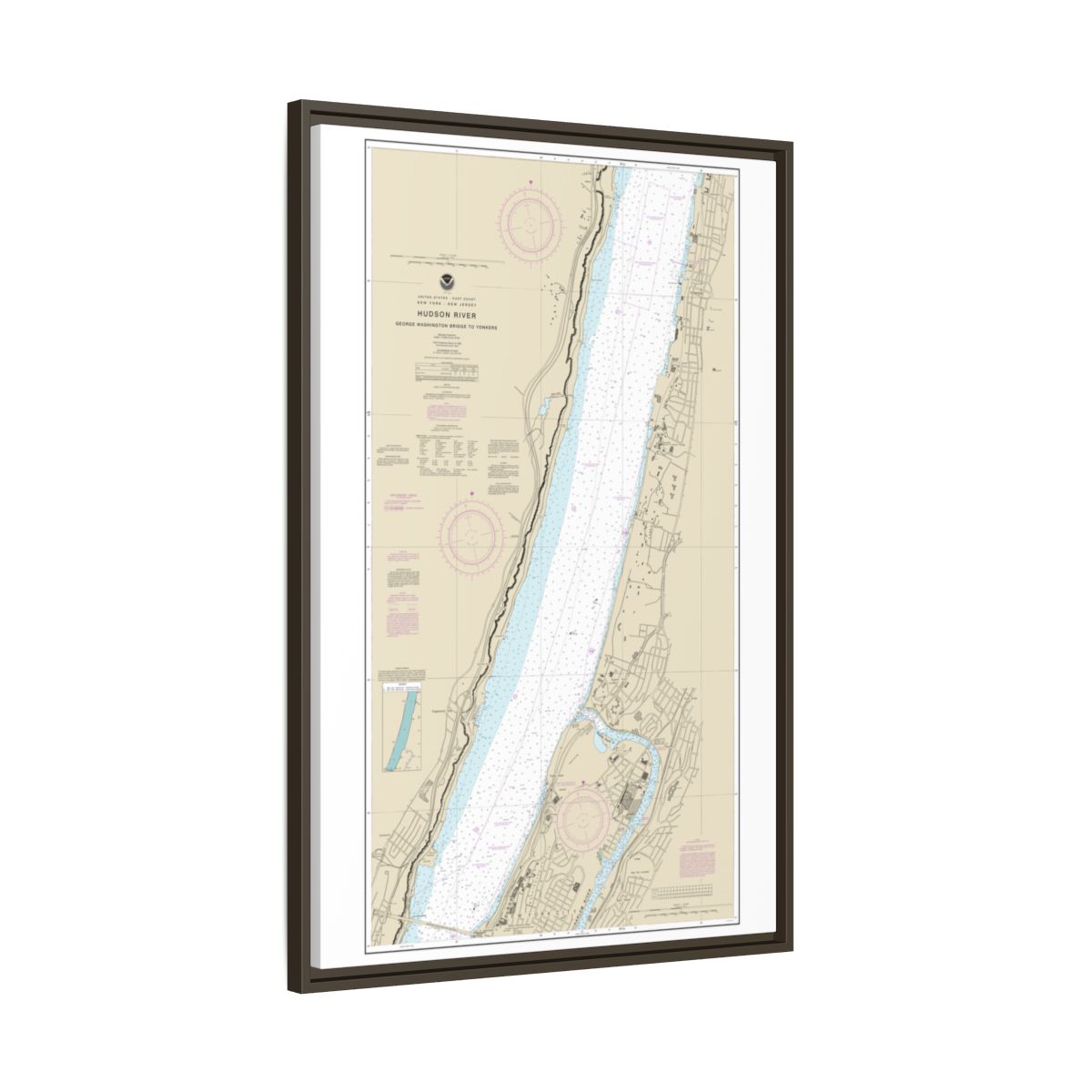 Chart 12345 Hudson River George Washington Bridge to Yonkers - NOAA Nautical Chart Floating Frame Canvas | 20" x 30" | 24" x 36" | 32" x 48" - Espresso side
