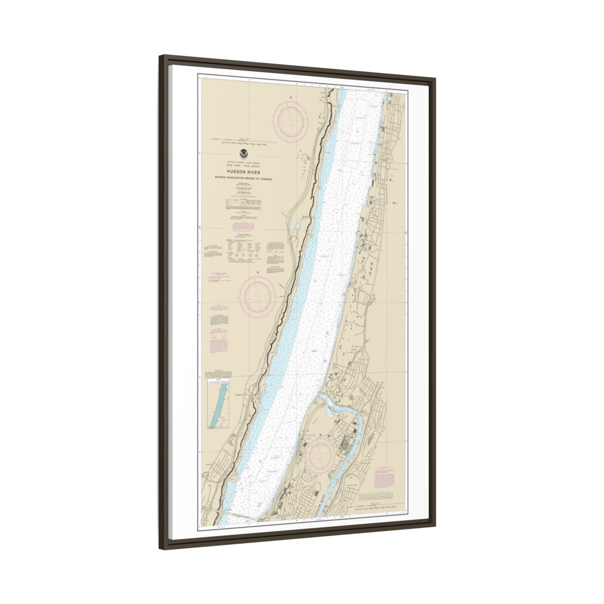 Chart 12345 Hudson River George Washington Bridge to Yonkers - NOAA Nautical Chart Floating Frame Canvas | 20" x 30" | 24" x 36" | 32" x 48" - Espresso side