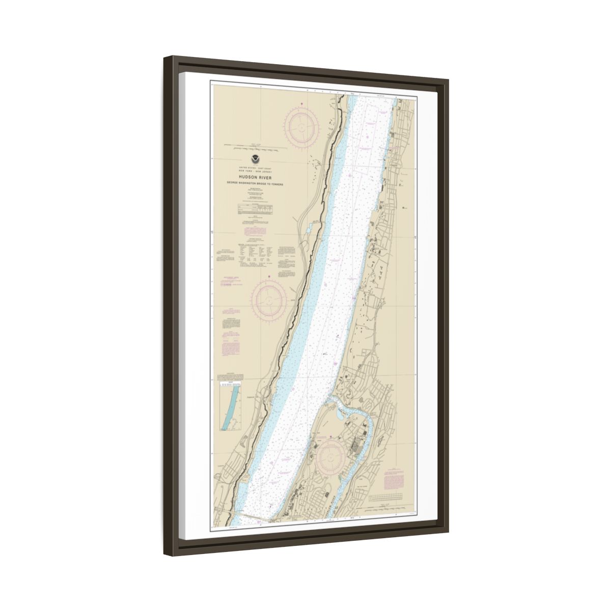 Chart 12345 Hudson River George Washington Bridge to Yonkers - NOAA Nautical Chart Floating Frame Canvas | 20" x 30" | 24" x 36" | 32" x 48" - Espresso side