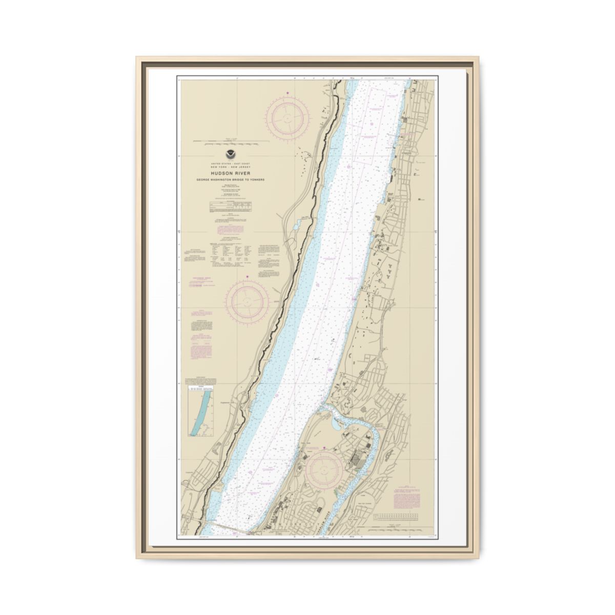 Chart 12345 Hudson River George Washington Bridge to Yonkers - NOAA Nautical Chart Floating Frame Canvas | 20" x 30" | 24" x 36" | 32" x 48" - Natural front