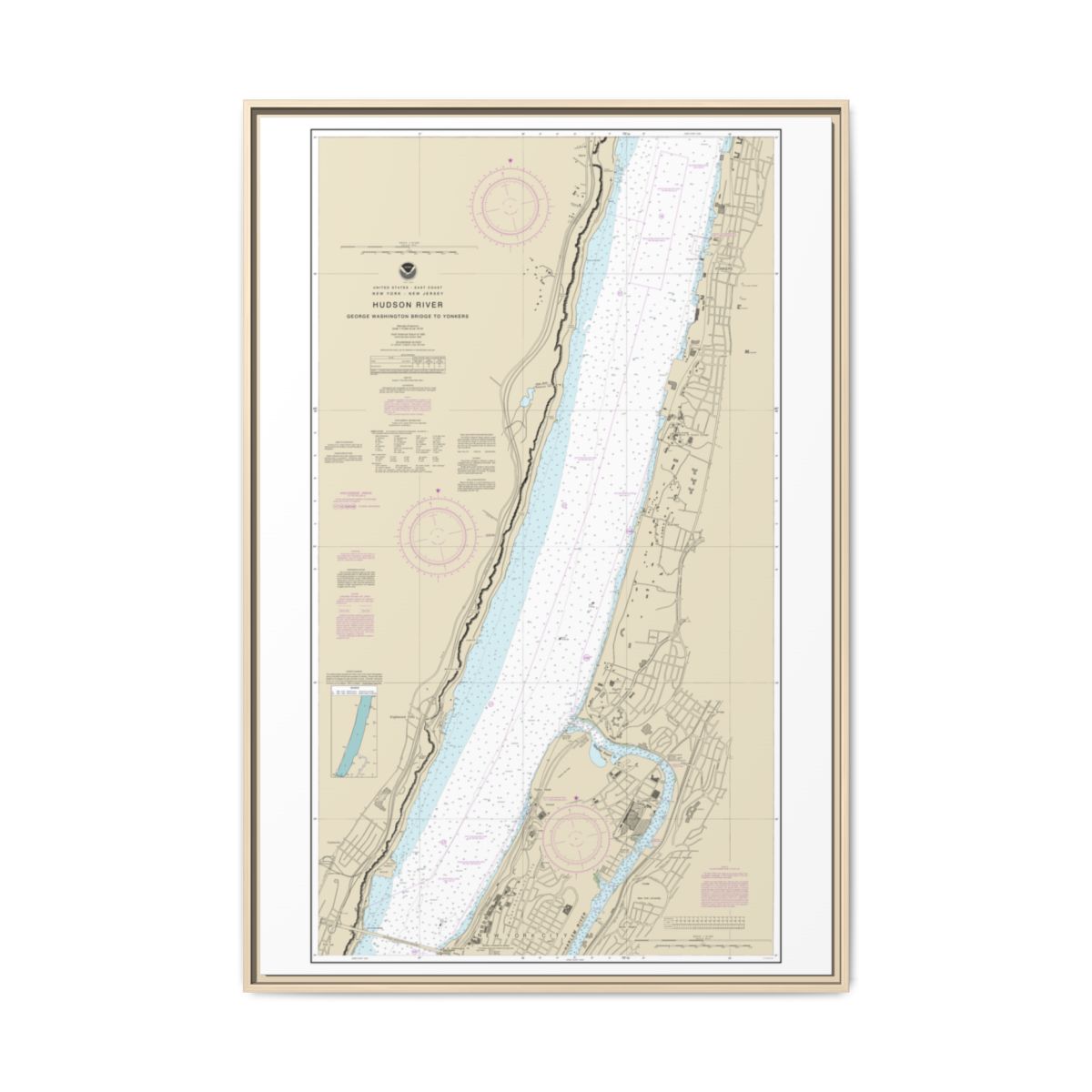 Chart 12345 Hudson River George Washington Bridge to Yonkers - NOAA Nautical Chart Floating Frame Canvas | 20" x 30" | 24" x 36" | 32" x 48" - Natural front