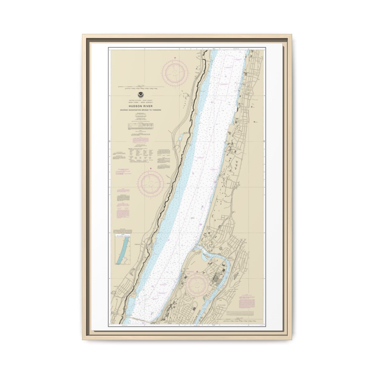 Chart 12345 Hudson River George Washington Bridge to Yonkers - NOAA Nautical Chart Floating Frame Canvas | 20" x 30" | 24" x 36" | 32" x 48" - Natural front