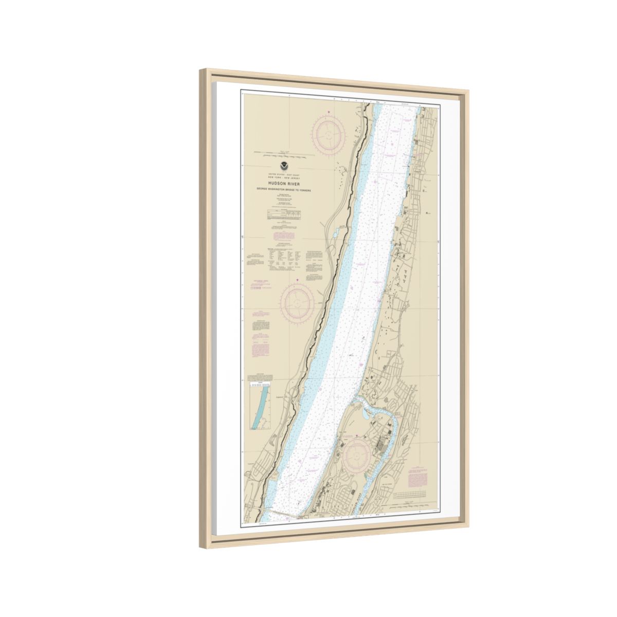 Chart 12345 Hudson River George Washington Bridge to Yonkers - NOAA Nautical Chart Floating Frame Canvas | 20" x 30" | 24" x 36" | 32" x 48" - Natural side