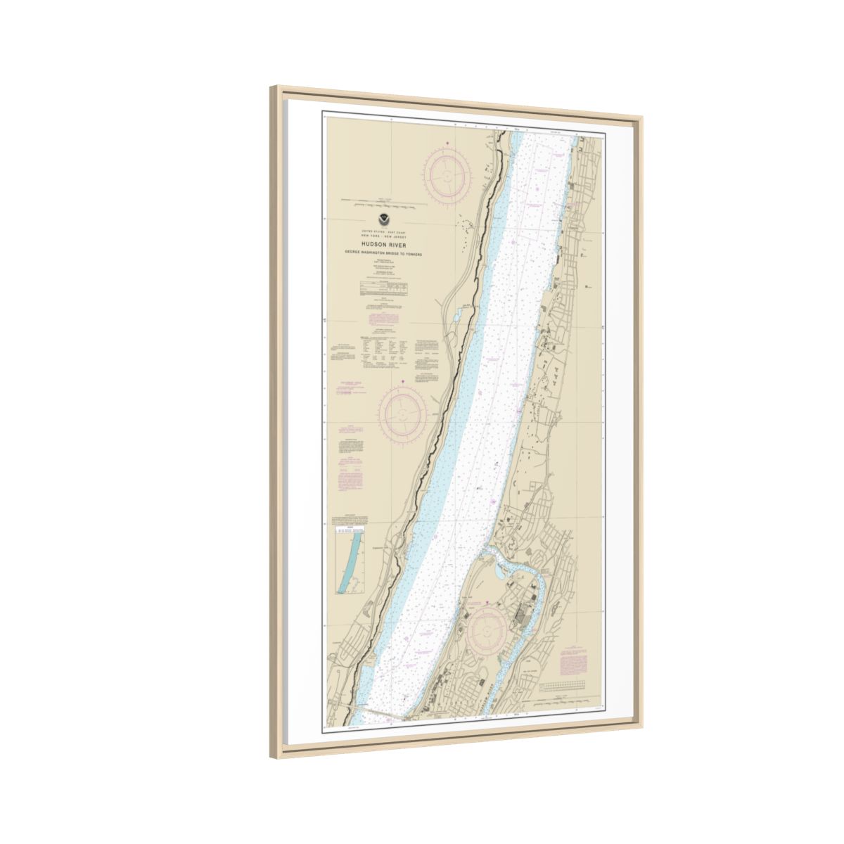 Chart 12345 Hudson River George Washington Bridge to Yonkers - NOAA Nautical Chart Floating Frame Canvas | 20" x 30" | 24" x 36" | 32" x 48" - Natural side