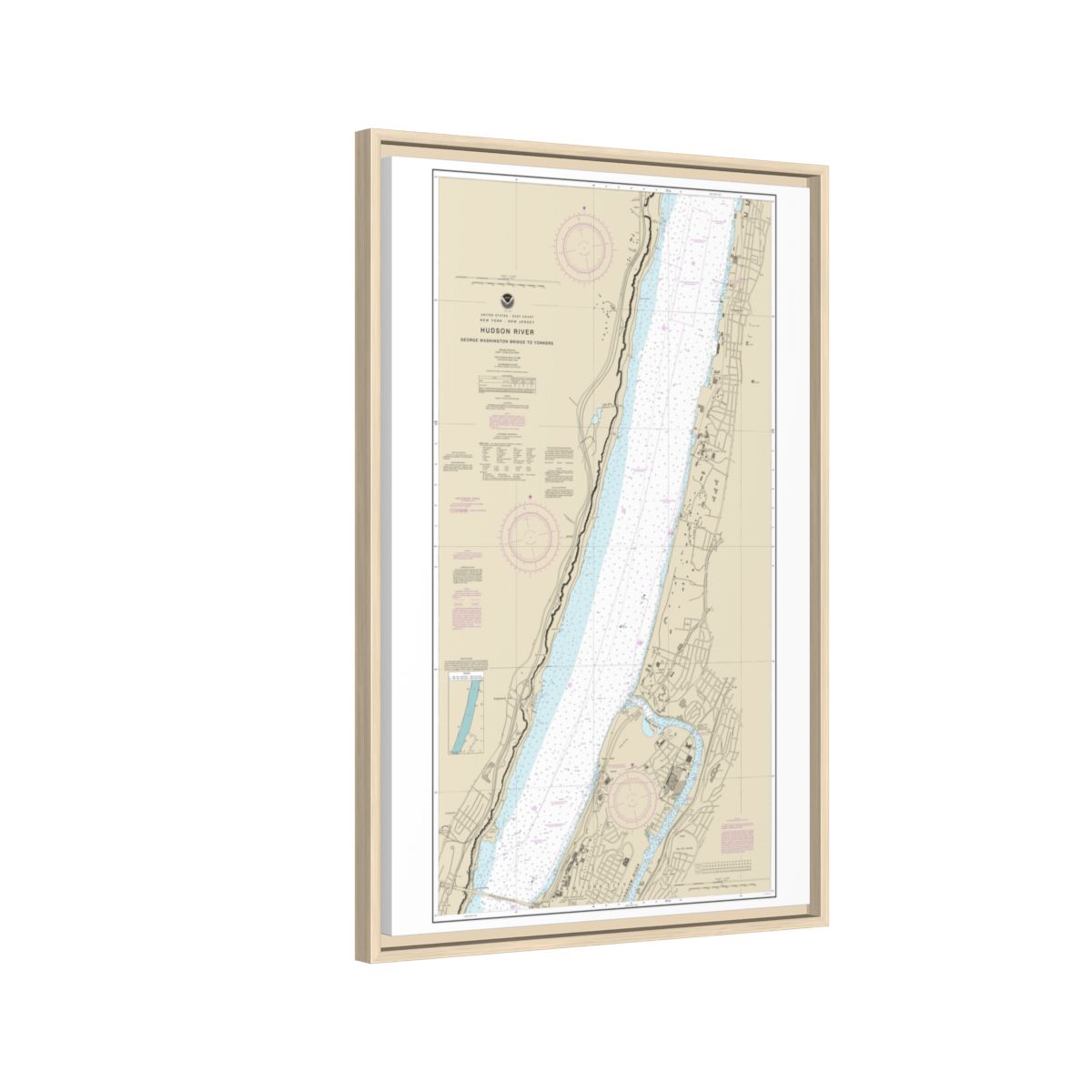 Chart 12345 Hudson River George Washington Bridge to Yonkers - NOAA Nautical Chart Floating Frame Canvas | 20" x 30" | 24" x 36" | 32" x 48" - Natural side