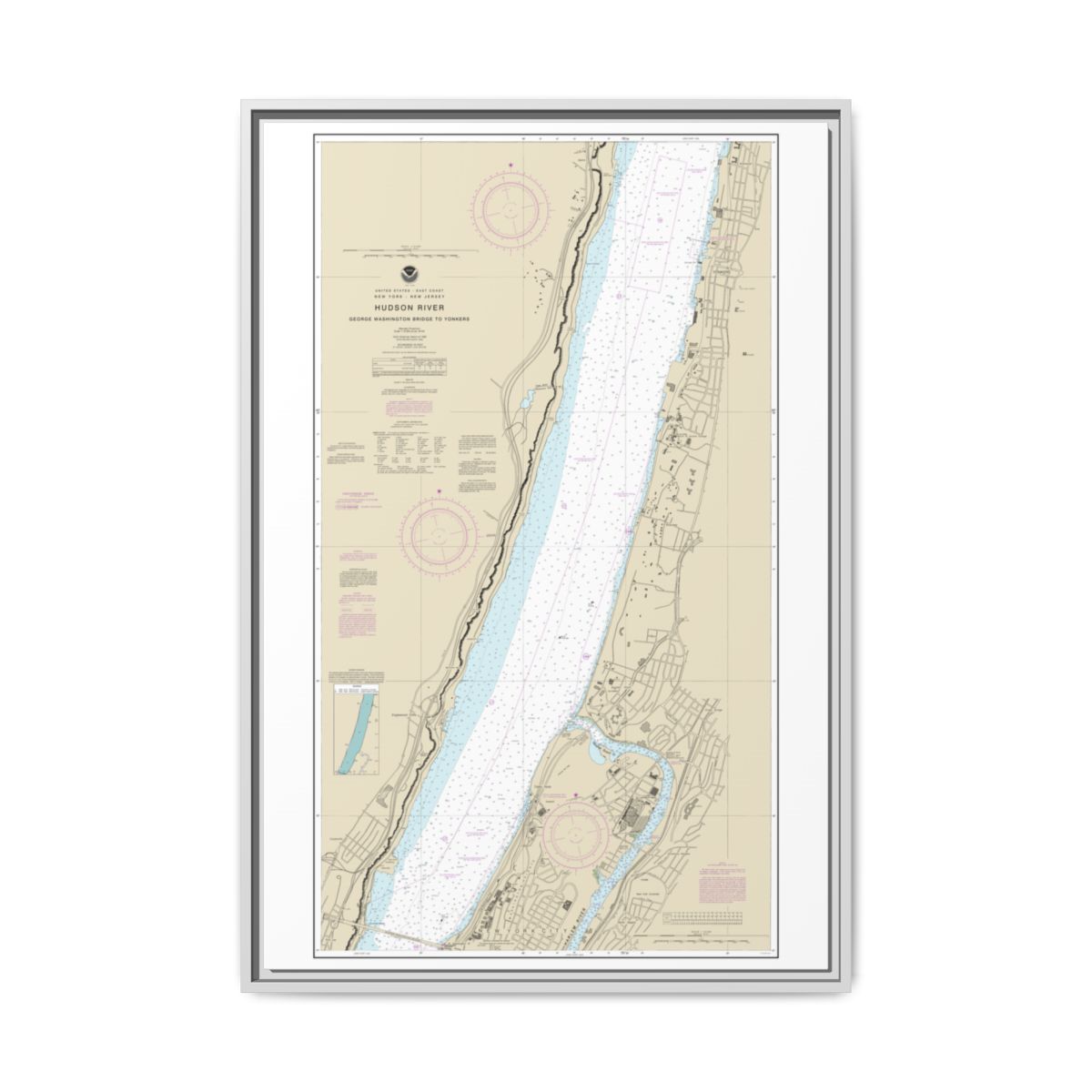 Chart 12345 Hudson River George Washington Bridge to Yonkers - NOAA Nautical Chart Floating Frame Canvas | 20" x 30" | 24" x 36" | 32" x 48" - White front