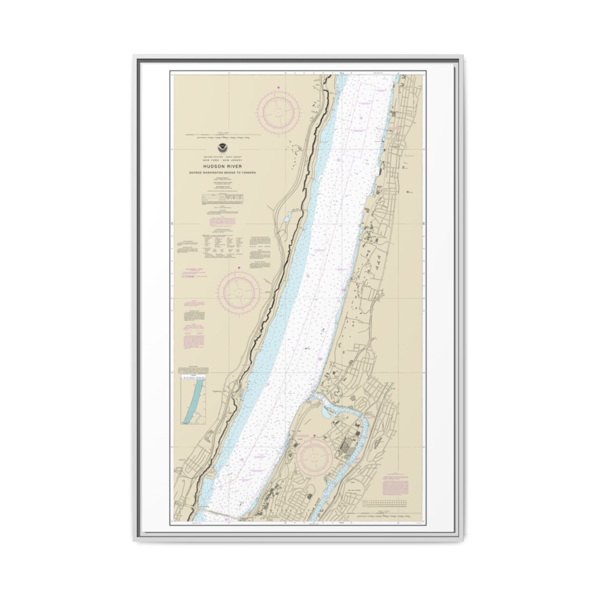 Chart 12345 Hudson River George Washington Bridge to Yonkers - NOAA Nautical Chart Floating Frame Canvas | 20" x 30" | 24" x 36" | 32" x 48" - White front