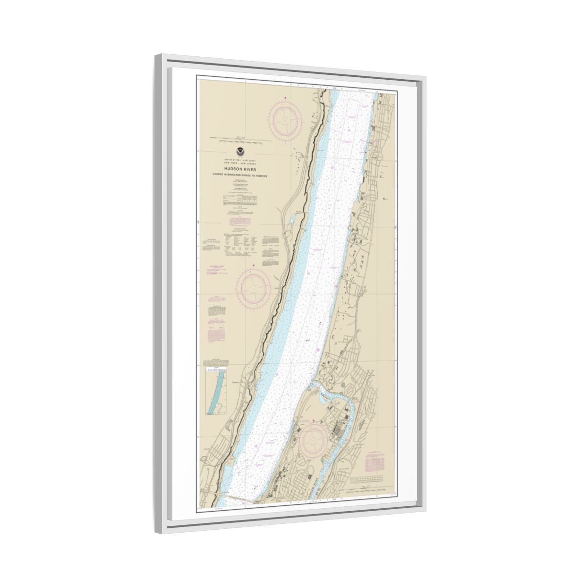 Chart 12345 Hudson River George Washington Bridge to Yonkers - NOAA Nautical Chart Floating Frame Canvas | 20" x 30" | 24" x 36" | 32" x 48" - White side