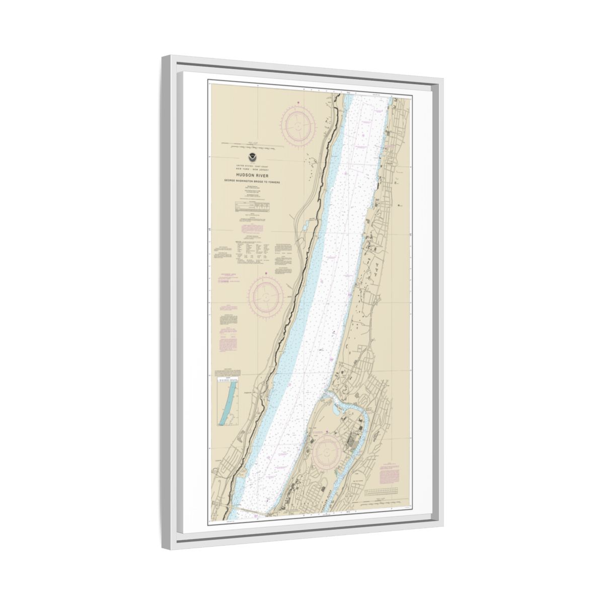Chart 12345 Hudson River George Washington Bridge to Yonkers - NOAA Nautical Chart Floating Frame Canvas | 20" x 30" | 24" x 36" | 32" x 48" - White side
