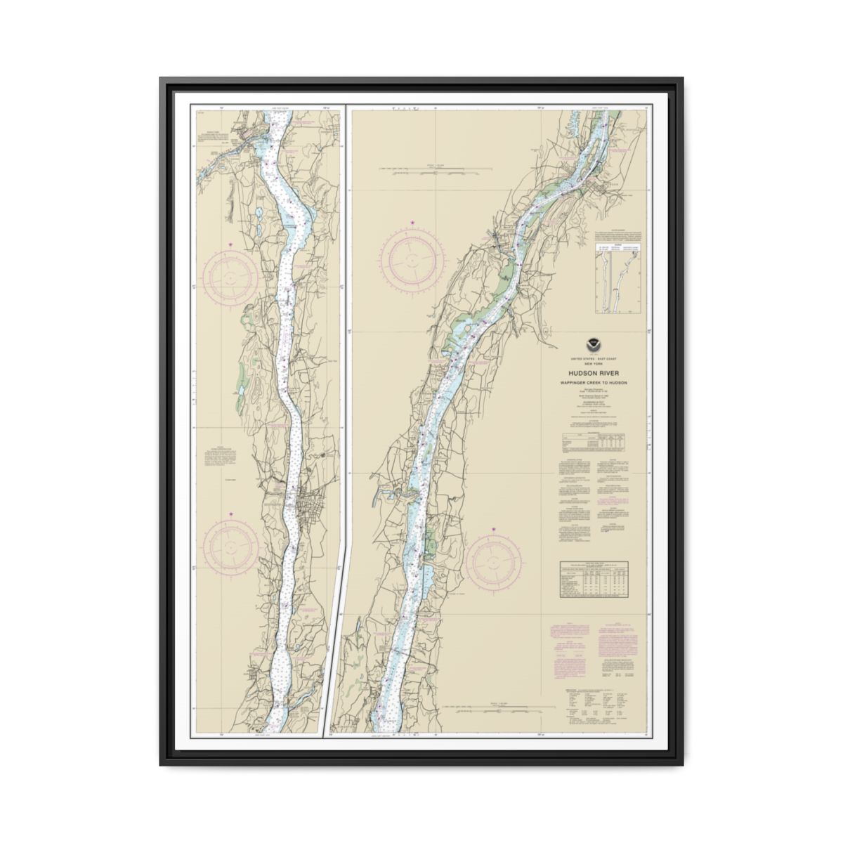 Chart 12347 Hudson River Wappinger Creek to Hudson - NOAA Nautical Chart Floating Frame Canvas | 24" x 32" | 30" x 40" - Black front