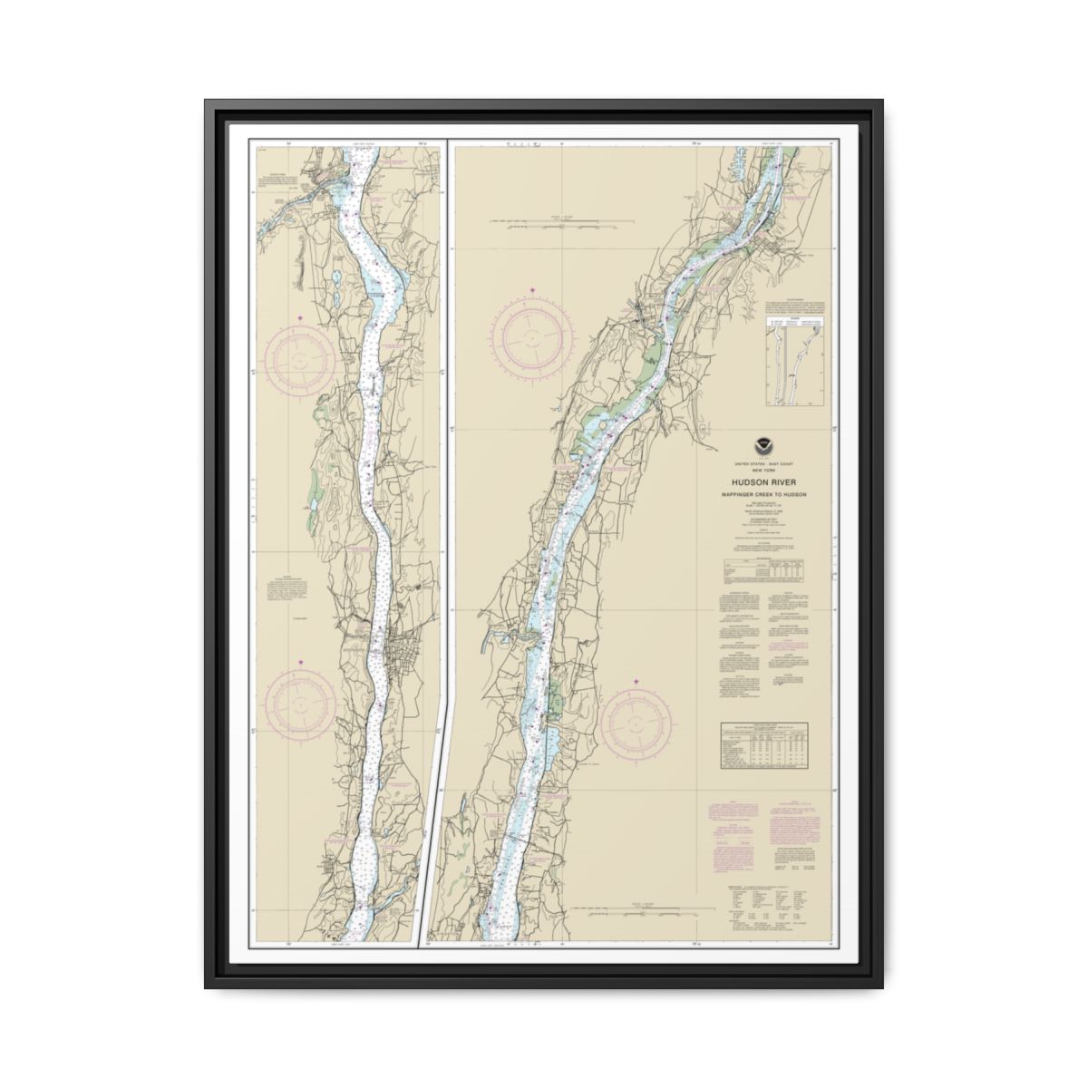 Chart 12347 Hudson River Wappinger Creek to Hudson - NOAA Nautical Chart Floating Frame Canvas | 24" x 32" | 30" x 40" - Black front