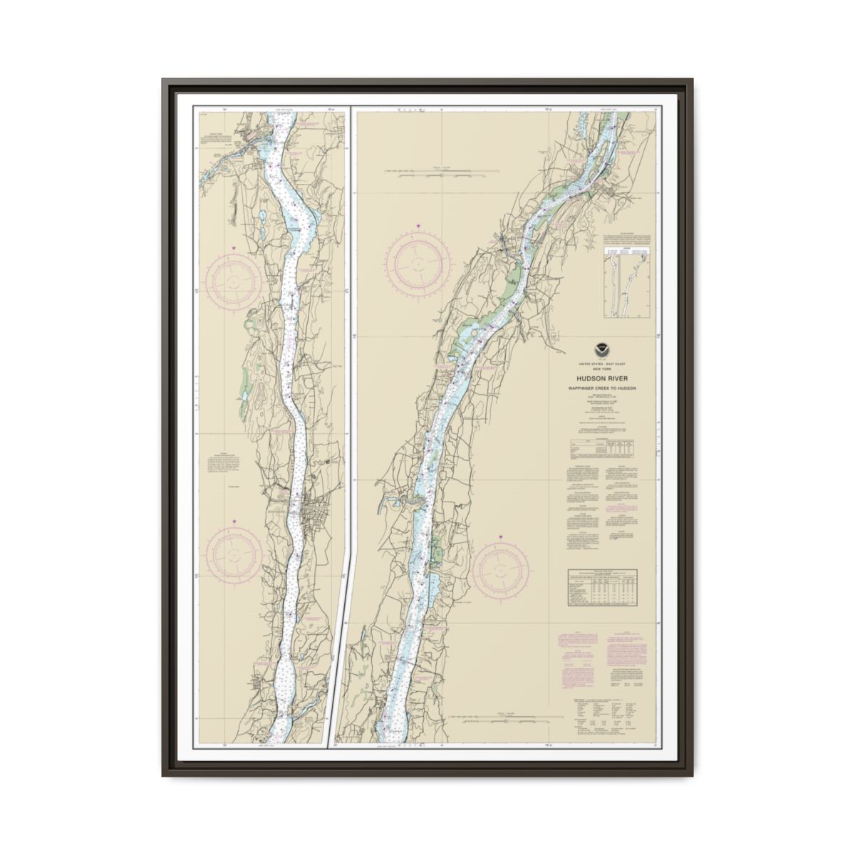 Chart 12347 Hudson River Wappinger Creek to Hudson - NOAA Nautical Chart Floating Frame Canvas | 24" x 32" | 30" x 40" - Espresso front
