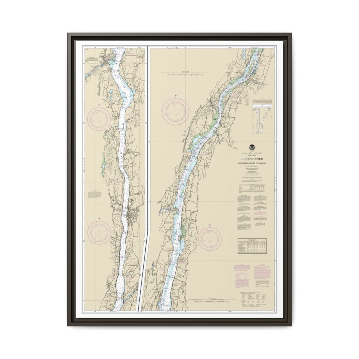 Chart 12347 Hudson River Wappinger Creek to Hudson - NOAA Nautical Chart Floating Frame Canvas | 24" x 32" | 30" x 40" - Espresso front