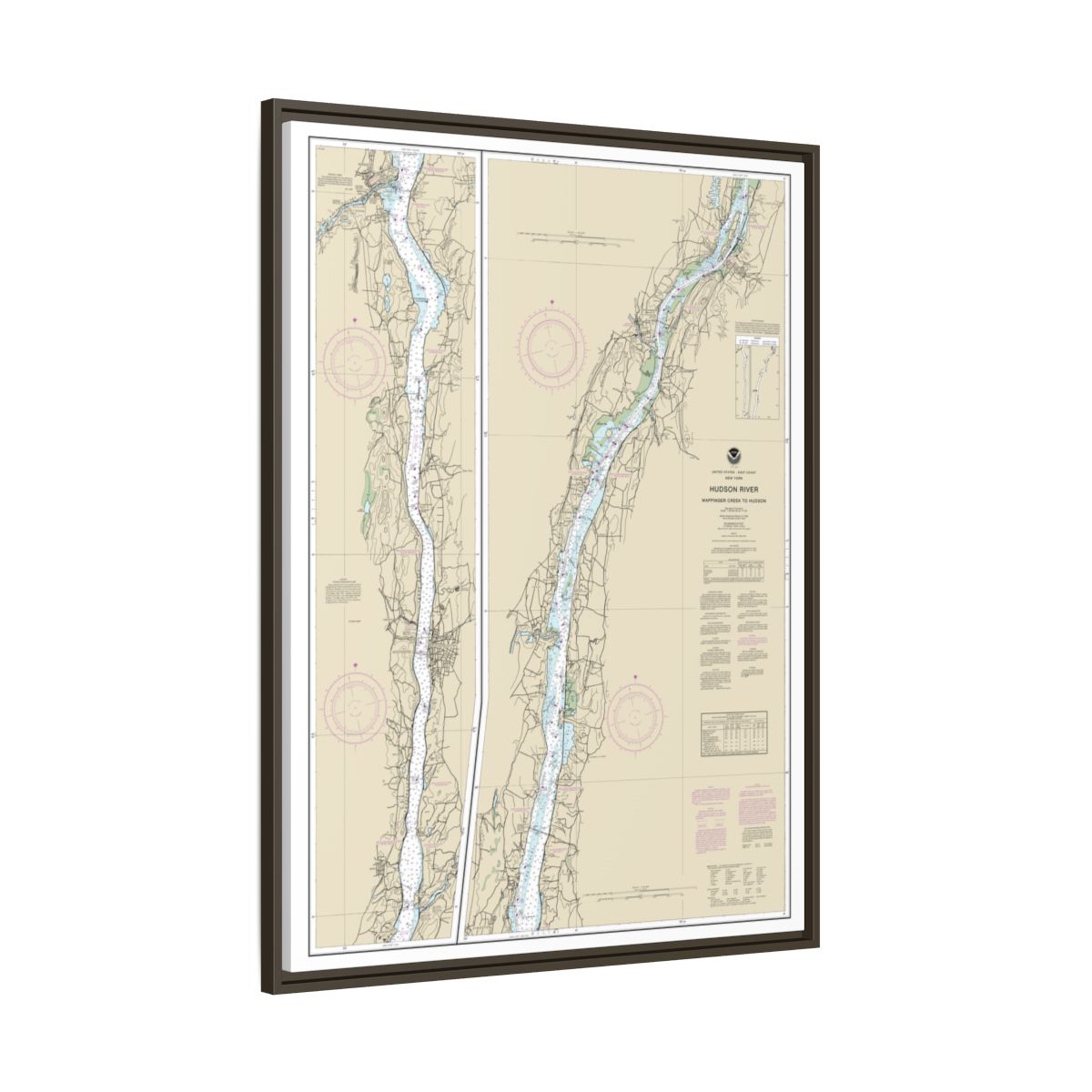 Chart 12347 Hudson River Wappinger Creek to Hudson - NOAA Nautical Chart Floating Frame Canvas | 24" x 32" | 30" x 40" - Espresso side