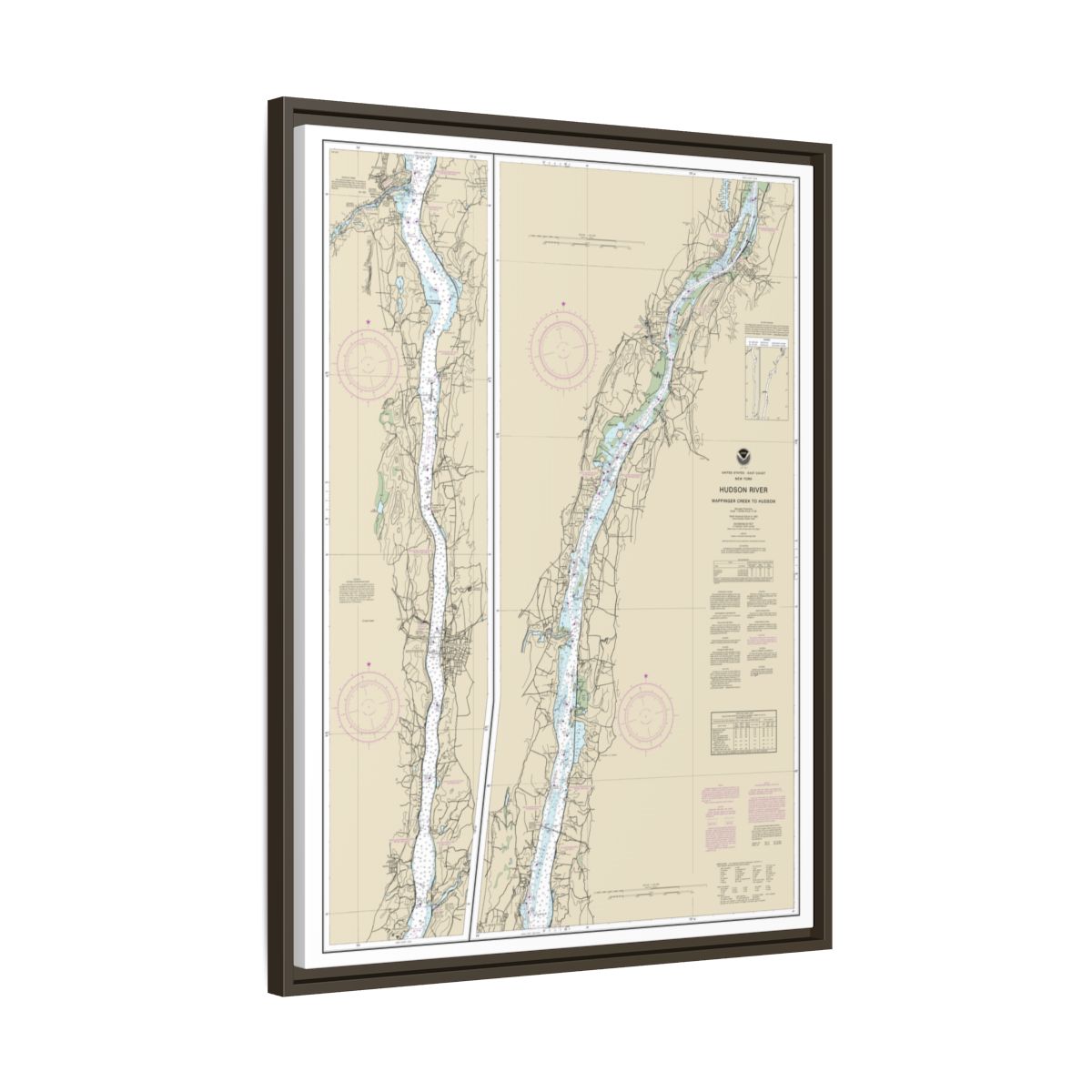 Chart 12347 Hudson River Wappinger Creek to Hudson - NOAA Nautical Chart Floating Frame Canvas | 24" x 32" | 30" x 40" - Espresso side