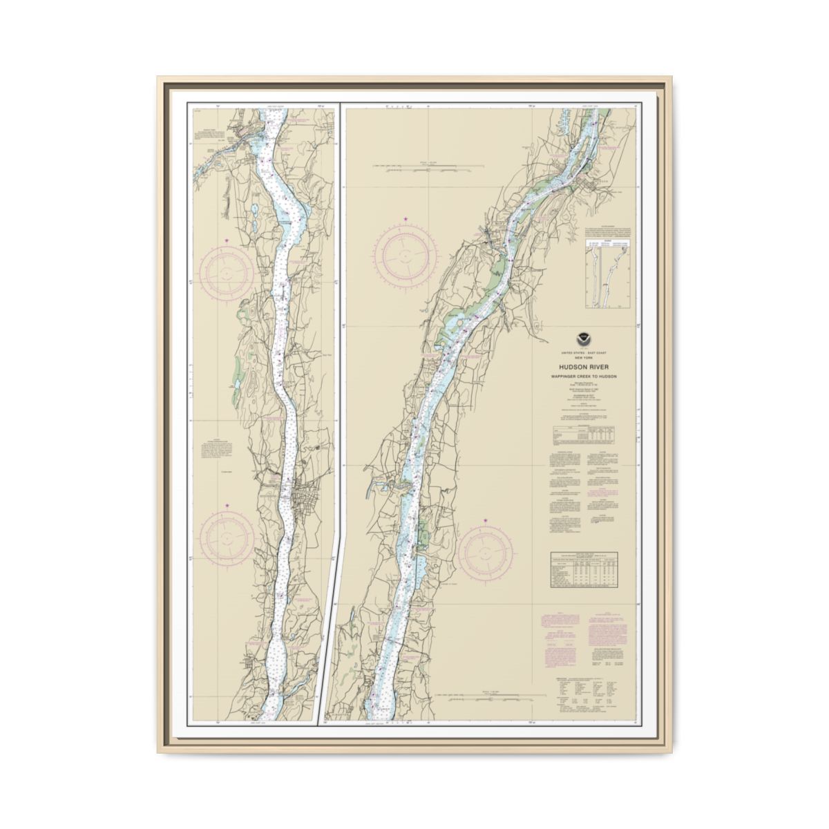 Chart 12347 Hudson River Wappinger Creek to Hudson - NOAA Nautical Chart Floating Frame Canvas | 24" x 32" | 30" x 40" - Natural front