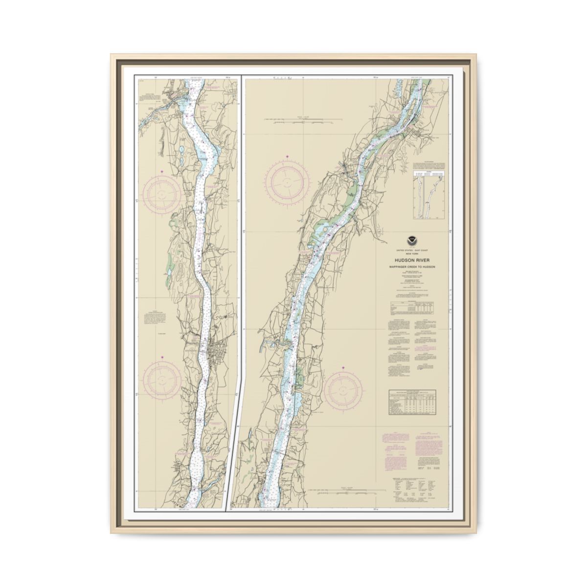 Chart 12347 Hudson River Wappinger Creek to Hudson - NOAA Nautical Chart Floating Frame Canvas | 24" x 32" | 30" x 40" - Natural front