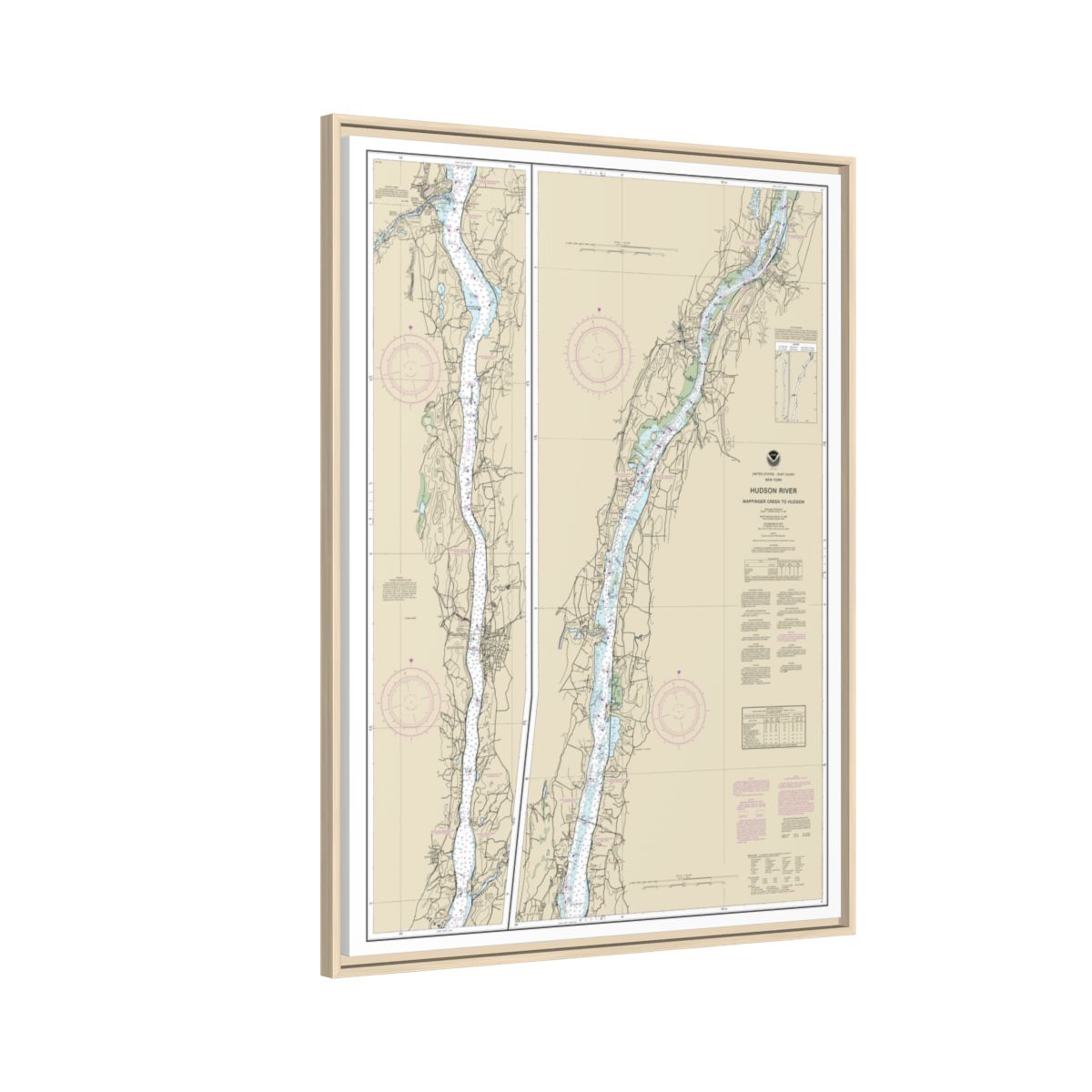 Chart 12347 Hudson River Wappinger Creek to Hudson - NOAA Nautical Chart Floating Frame Canvas | 24" x 32" | 30" x 40" - Natural side