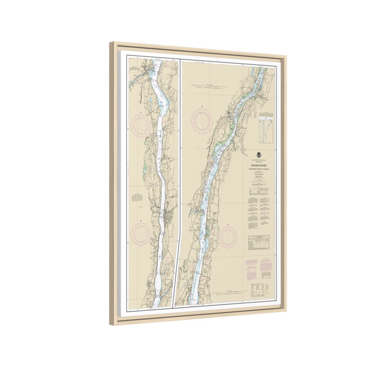 Chart 12347 Hudson River Wappinger Creek to Hudson - NOAA Nautical Chart Floating Frame Canvas | 24" x 32" | 30" x 40" - Natural side