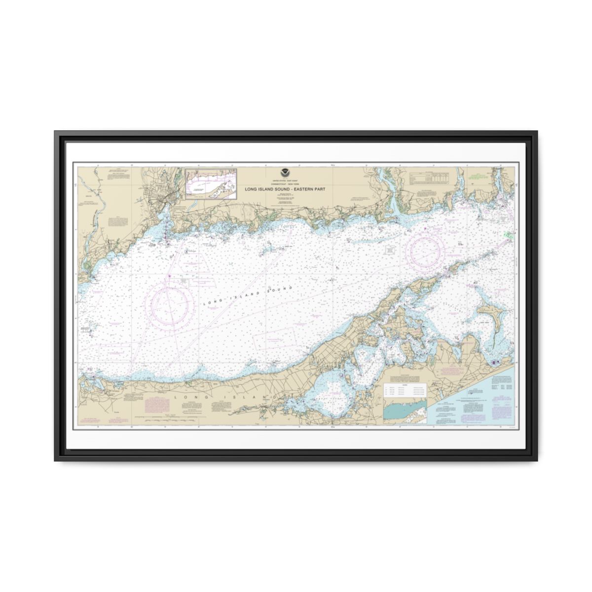 Chart 12354 Long Island Sound Eastern part - NOAA Nautical Chart Floating Frame Canvas | 30" x 20" | 36" x 24" | 48" x 32" - Black front