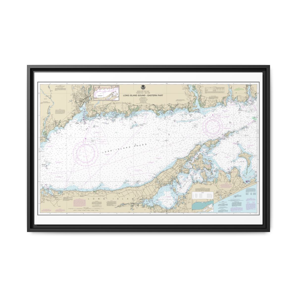 Chart 12354 Long Island Sound Eastern part - NOAA Nautical Chart Floating Frame Canvas | 30" x 20" | 36" x 24" | 48" x 32" - Black front