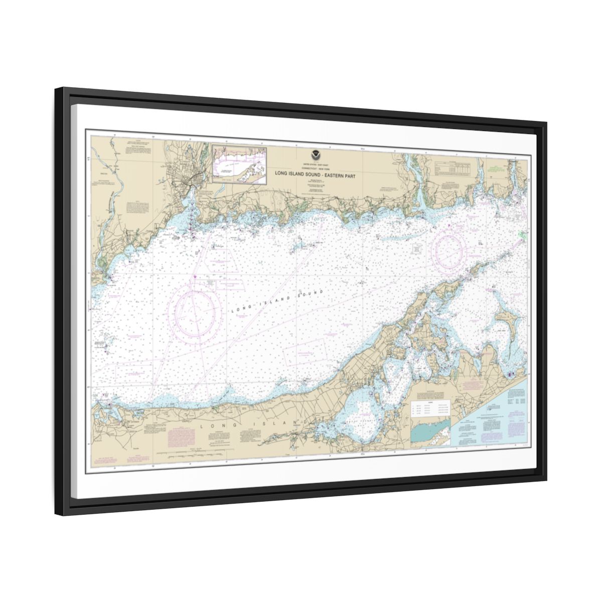 Chart 12354 Long Island Sound Eastern part - NOAA Nautical Chart Floating Frame Canvas | 30" x 20" | 36" x 24" | 48" x 32" - Black side