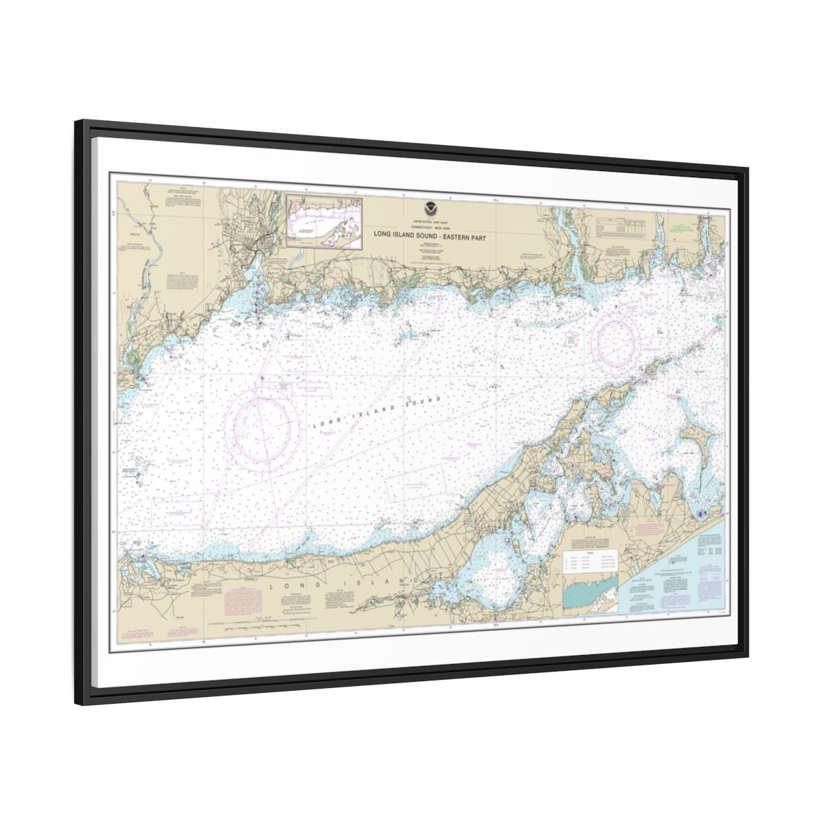Chart 12354 Long Island Sound Eastern part - NOAA Nautical Chart Floating Frame Canvas | 30" x 20" | 36" x 24" | 48" x 32" - Black side
