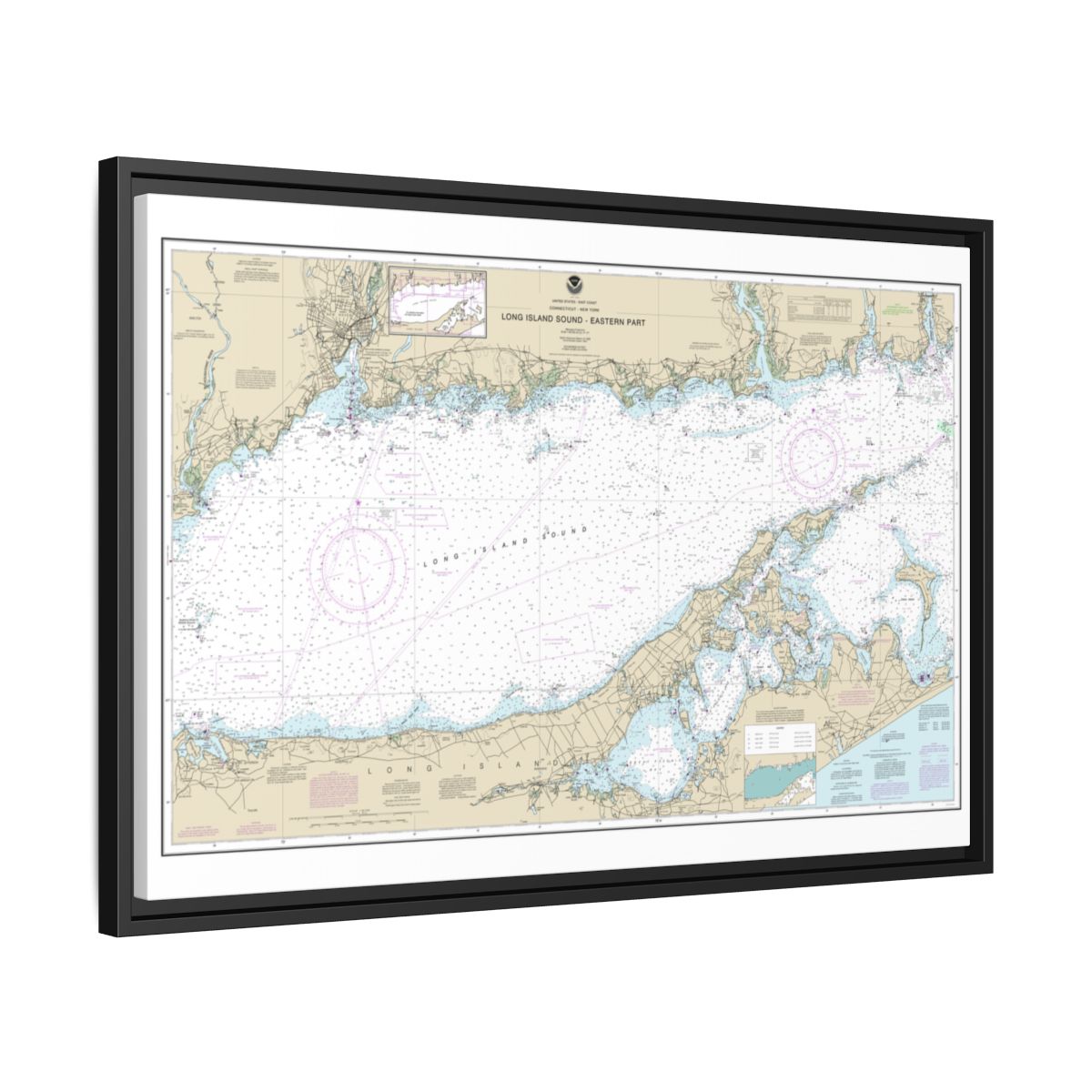Chart 12354 Long Island Sound Eastern part - NOAA Nautical Chart Floating Frame Canvas | 30" x 20" | 36" x 24" | 48" x 32" - Black side