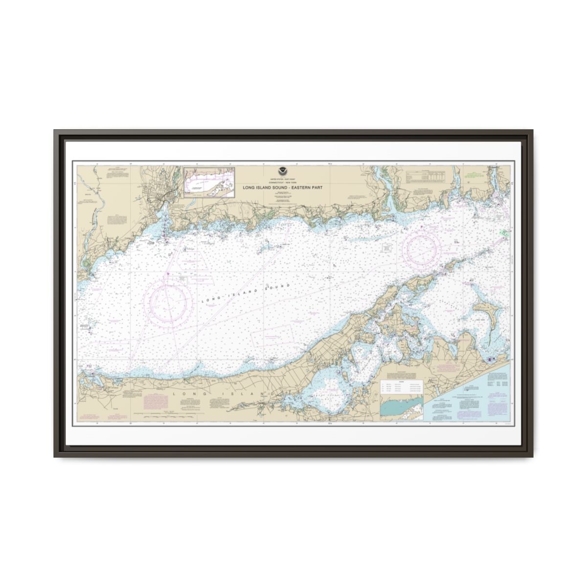 Chart 12354 Long Island Sound Eastern part - NOAA Nautical Chart Floating Frame Canvas | 30" x 20" | 36" x 24" | 48" x 32" - Espresso front