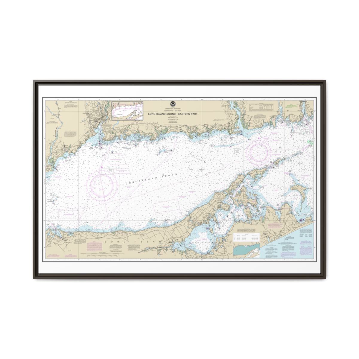 Chart 12354 Long Island Sound Eastern part - NOAA Nautical Chart Floating Frame Canvas | 30" x 20" | 36" x 24" | 48" x 32" - Espresso front