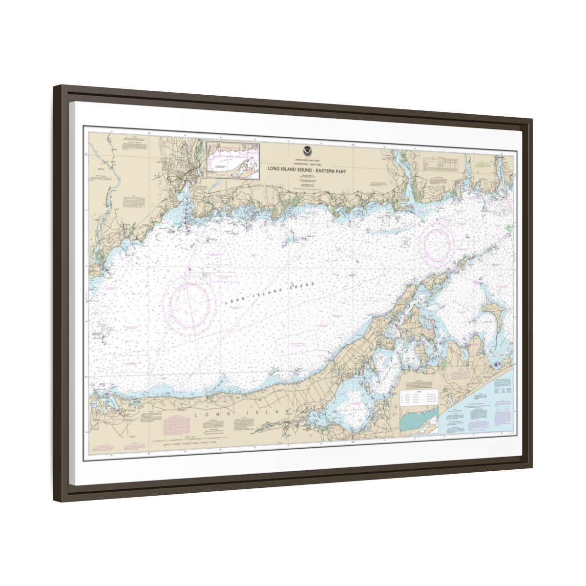 Chart 12354 Long Island Sound Eastern part - NOAA Nautical Chart Floating Frame Canvas | 30" x 20" | 36" x 24" | 48" x 32" - Espresso side
