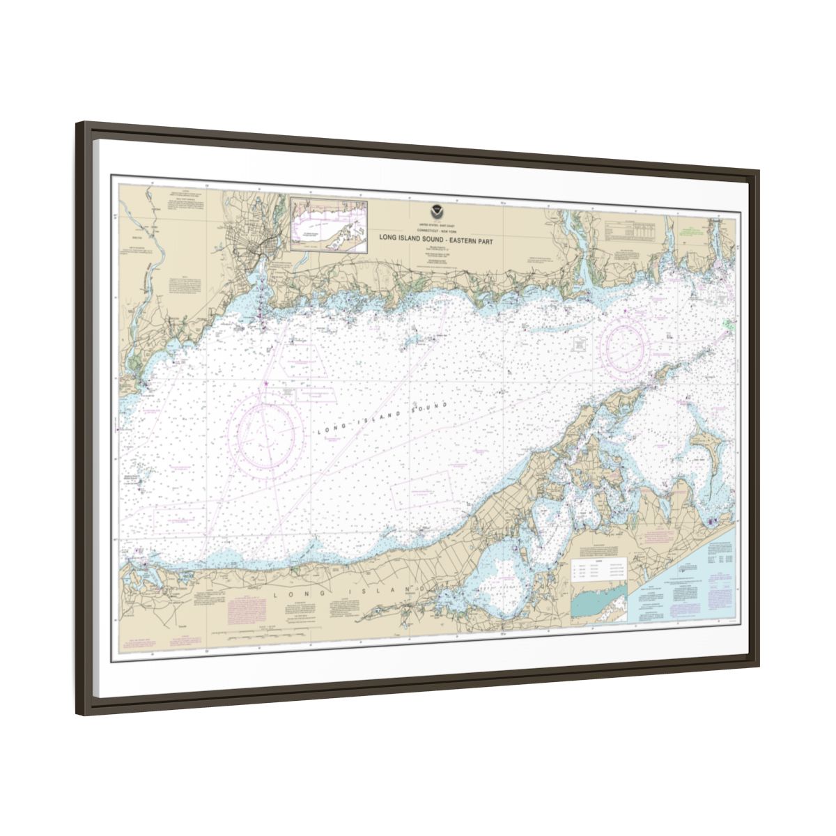 Chart 12354 Long Island Sound Eastern part - NOAA Nautical Chart Floating Frame Canvas | 30" x 20" | 36" x 24" | 48" x 32" - Espresso side