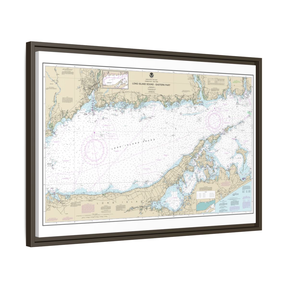 Chart 12354 Long Island Sound Eastern part - NOAA Nautical Chart Floating Frame Canvas | 30" x 20" | 36" x 24" | 48" x 32" - Espresso side