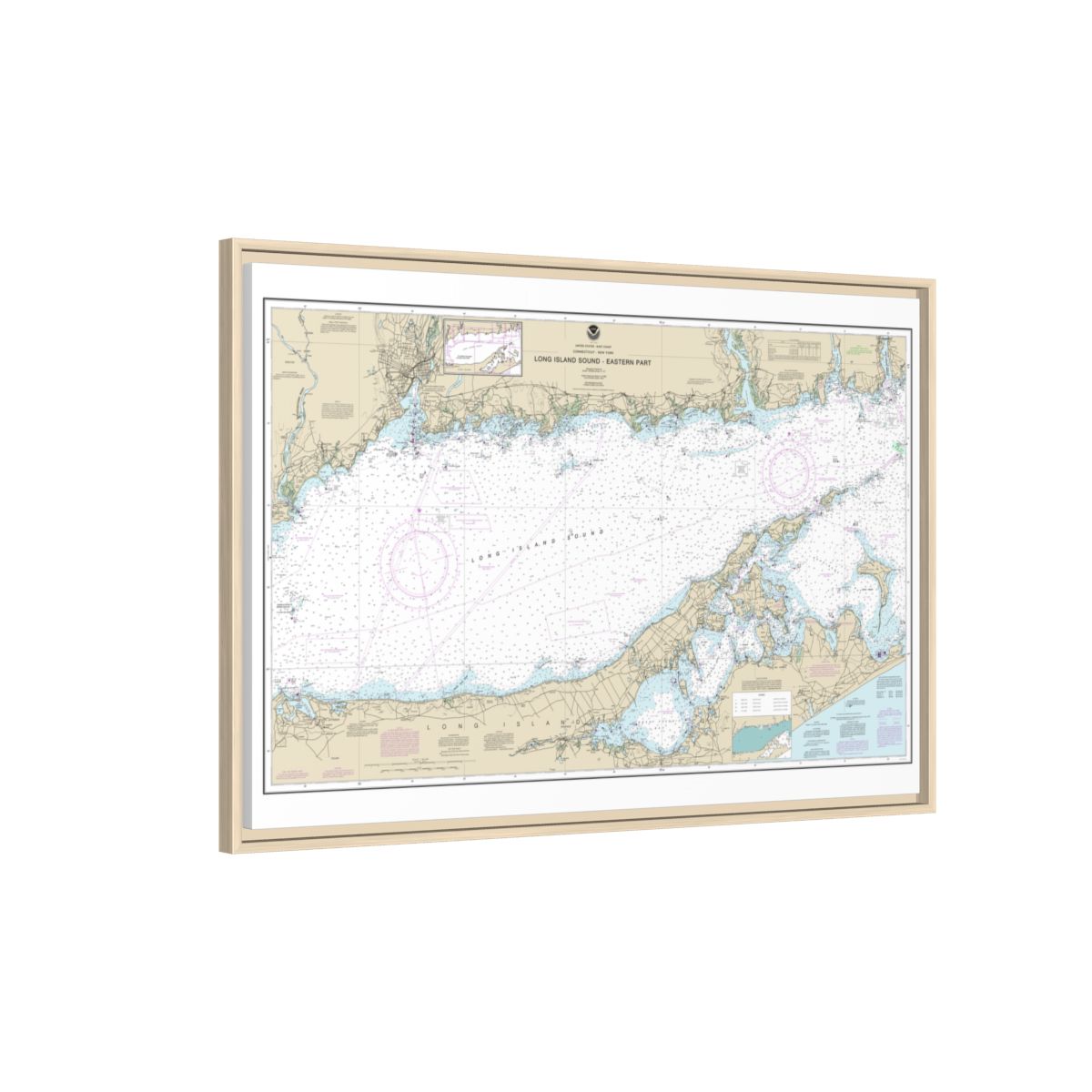 Chart 12354 Long Island Sound Eastern part - NOAA Nautical Chart Floating Frame Canvas | 30" x 20" | 36" x 24" | 48" x 32" - Natural side