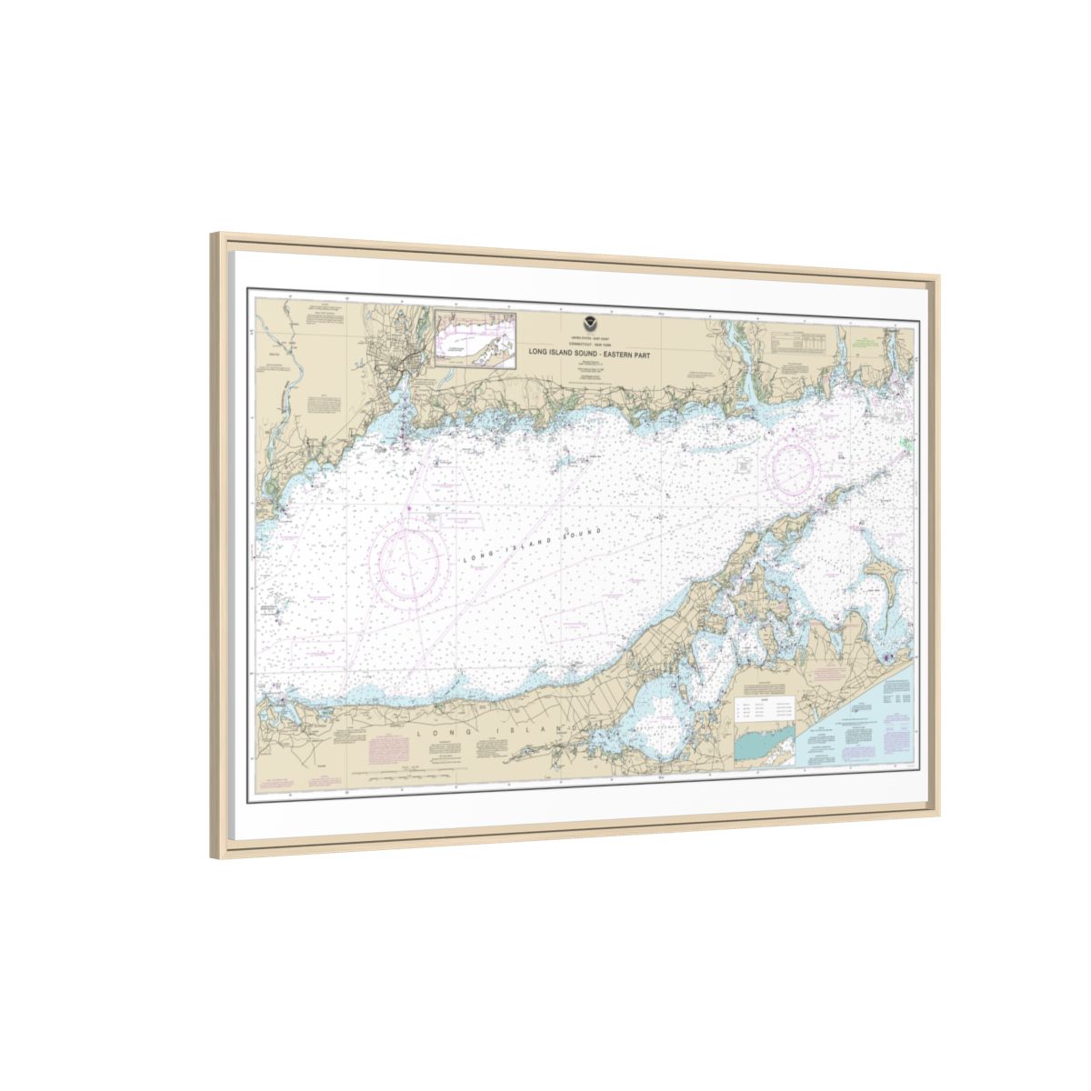 Chart 12354 Long Island Sound Eastern part - NOAA Nautical Chart Floating Frame Canvas | 30" x 20" | 36" x 24" | 48" x 32" - Natural side