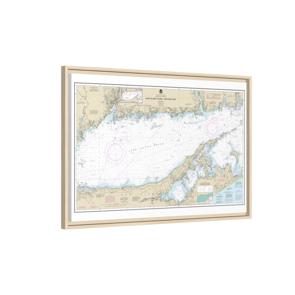 Chart 12354 Long Island Sound Eastern part - NOAA Nautical Chart Floating Frame Canvas | 30" x 20" | 36" x 24" | 48" x 32" - Natural side