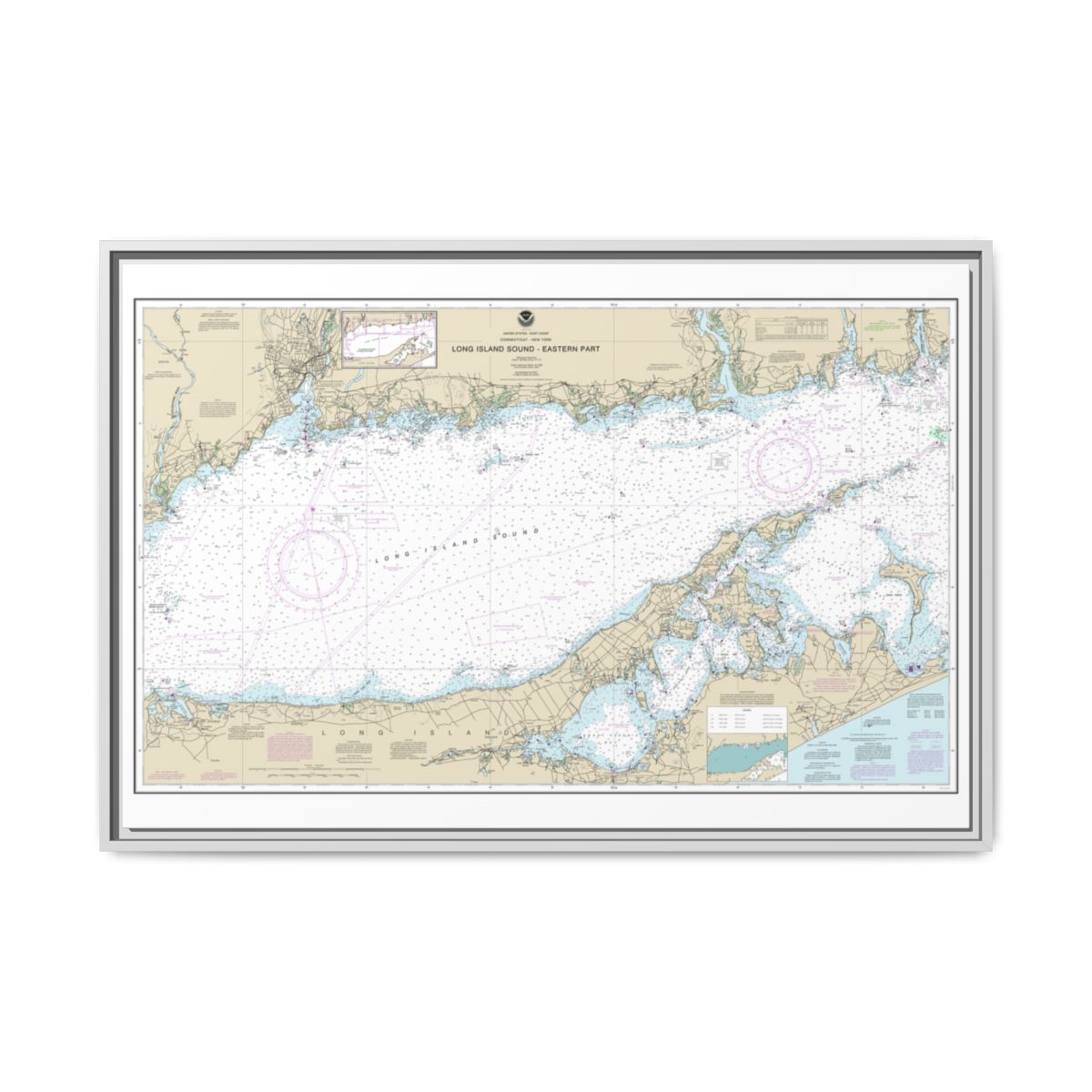 Chart 12354 Long Island Sound Eastern part - NOAA Nautical Chart Floating Frame Canvas | 30" x 20" | 36" x 24" | 48" x 32" - White front