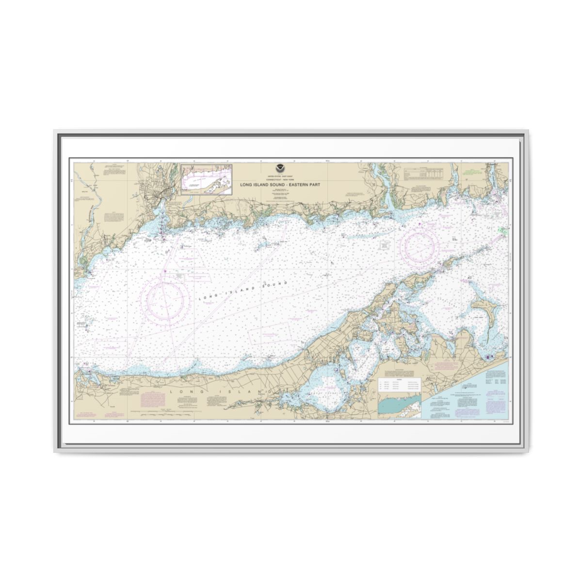 Chart 12354 Long Island Sound Eastern part - NOAA Nautical Chart Floating Frame Canvas | 30" x 20" | 36" x 24" | 48" x 32" - White front