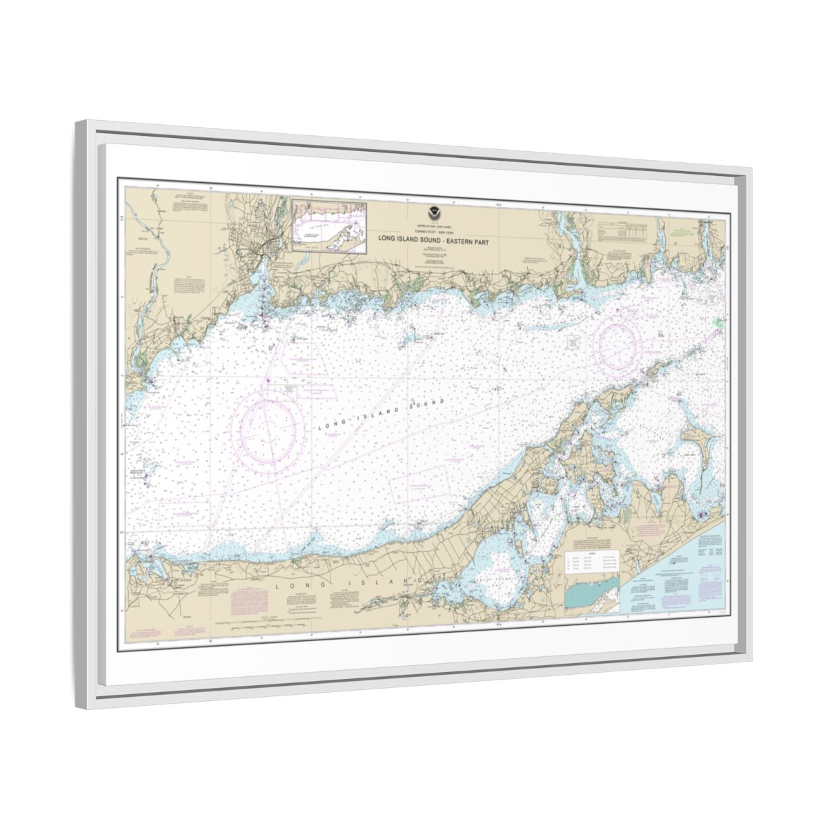 Chart 12354 Long Island Sound Eastern part - NOAA Nautical Chart Floating Frame Canvas | 30" x 20" | 36" x 24" | 48" x 32" - White side