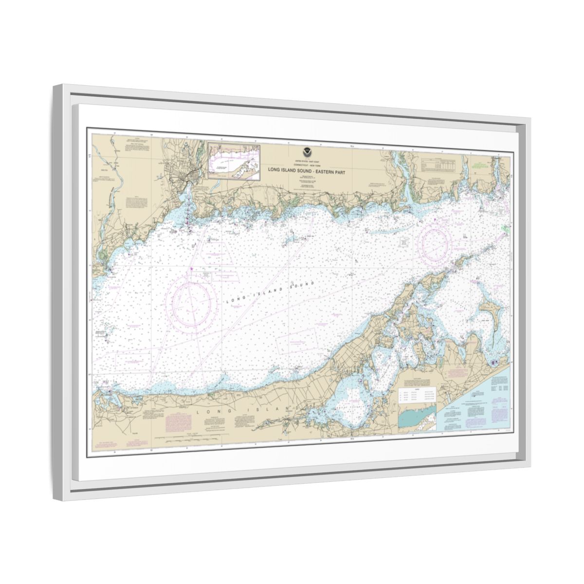 Chart 12354 Long Island Sound Eastern part - NOAA Nautical Chart Floating Frame Canvas | 30" x 20" | 36" x 24" | 48" x 32" - White side