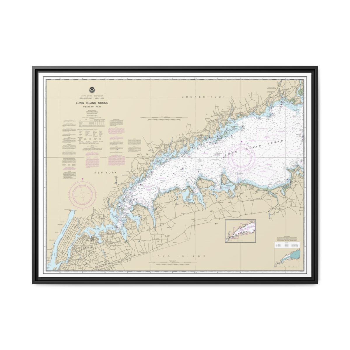 Chart 12363 Long Island Sound Western Part - NOAA Nautical Chart Floating Frame Canvas | 32" x 24" | 40" x 30" - Black front