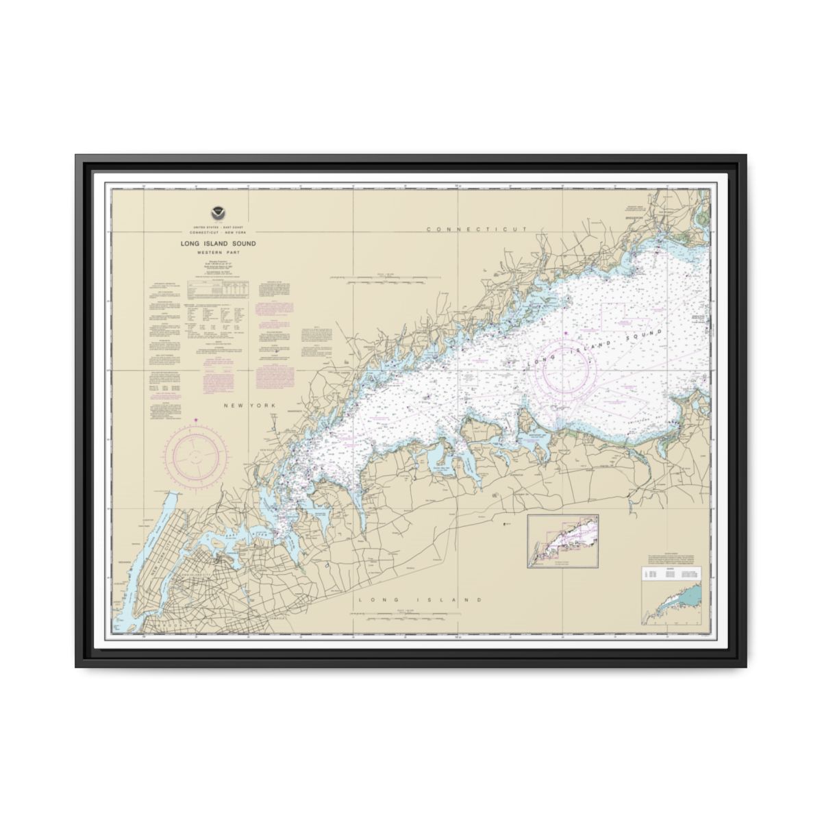 Chart 12363 Long Island Sound Western Part - NOAA Nautical Chart Floating Frame Canvas | 32" x 24" | 40" x 30" - Black front